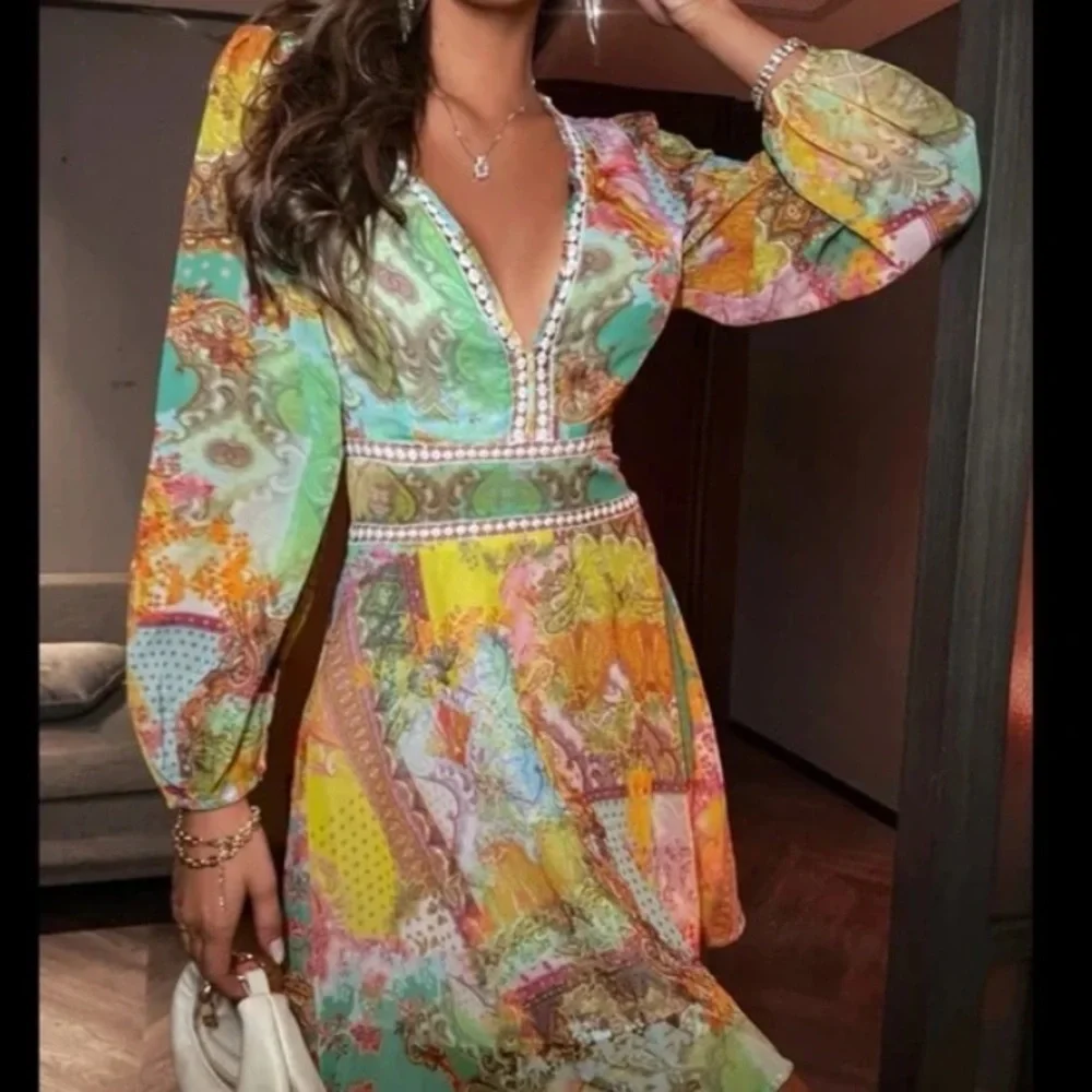 Boho Floral Paisley Print  A-line V Neck Dress